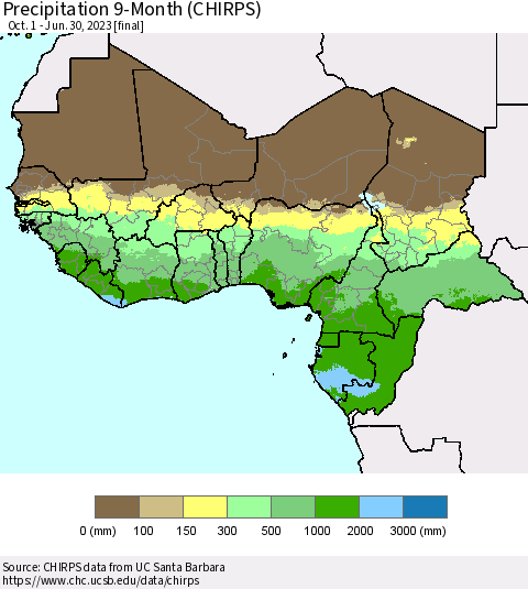 Western Africa Precipitation 9-Month (CHIRPS) Thematic Map For 10/1/2022 - 6/30/2023