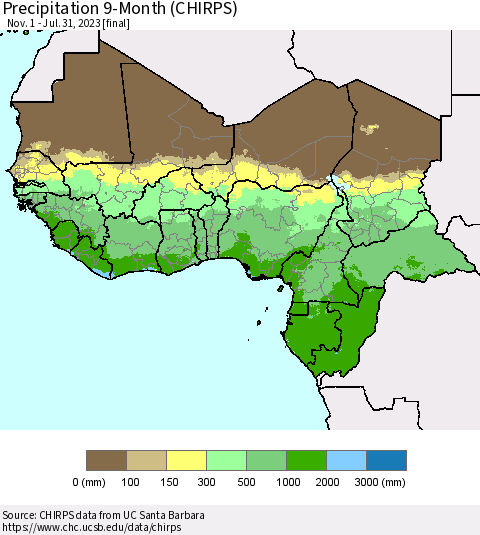 Western Africa Precipitation 9-Month (CHIRPS) Thematic Map For 11/1/2022 - 7/31/2023