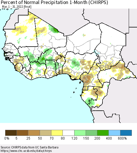 Western Africa Percent of Normal Precipitation 1-Month (CHIRPS) Thematic Map For 3/1/2022 - 3/31/2022