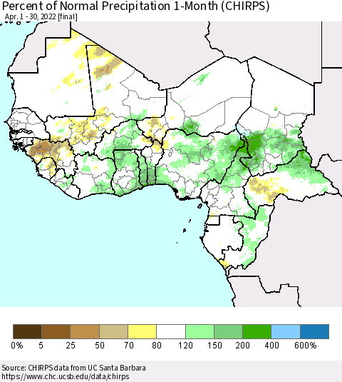 Western Africa Percent of Normal Precipitation 1-Month (CHIRPS) Thematic Map For 4/1/2022 - 4/30/2022
