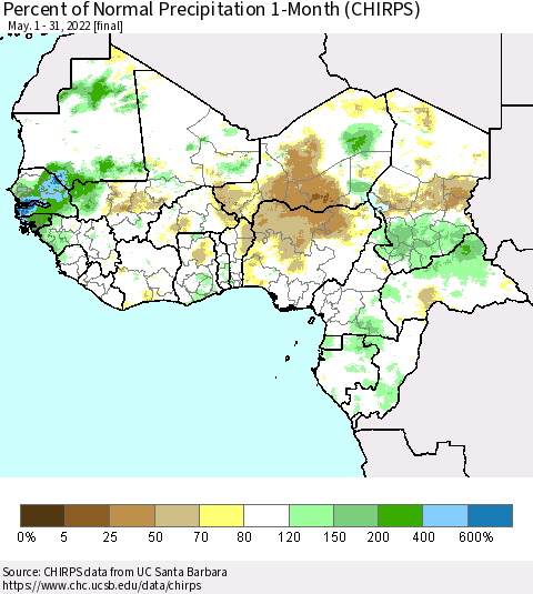 Western Africa Percent of Normal Precipitation 1-Month (CHIRPS) Thematic Map For 5/1/2022 - 5/31/2022