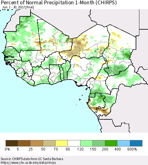 Western Africa Percent of Normal Precipitation 1-Month (CHIRPS) Thematic Map For 6/1/2022 - 6/30/2022