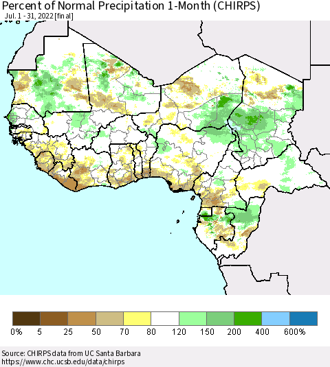 Western Africa Percent of Normal Precipitation 1-Month (CHIRPS) Thematic Map For 7/1/2022 - 7/31/2022