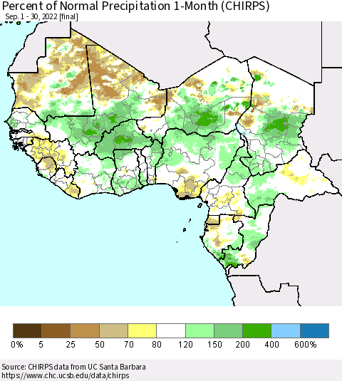 Western Africa Percent of Normal Precipitation 1-Month (CHIRPS) Thematic Map For 9/1/2022 - 9/30/2022