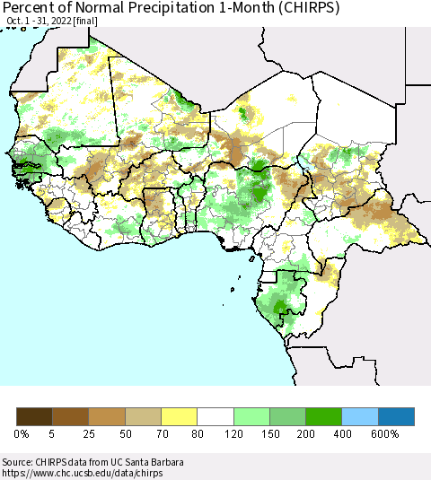 Western Africa Percent of Normal Precipitation 1-Month (CHIRPS) Thematic Map For 10/1/2022 - 10/31/2022