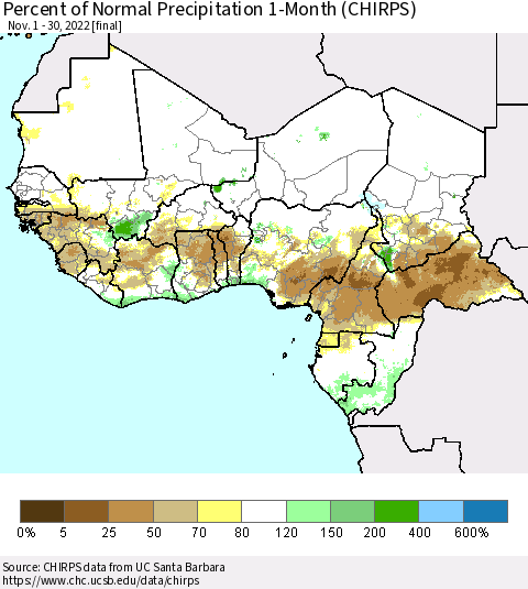 Western Africa Percent of Normal Precipitation 1-Month (CHIRPS) Thematic Map For 11/1/2022 - 11/30/2022