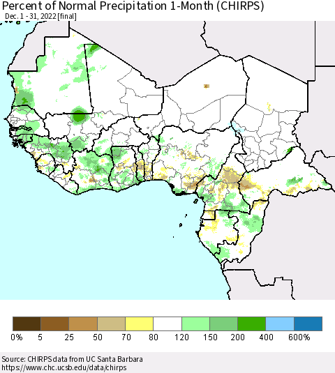 Western Africa Percent of Normal Precipitation 1-Month (CHIRPS) Thematic Map For 12/1/2022 - 12/31/2022