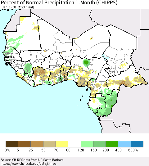 Western Africa Percent of Normal Precipitation 1-Month (CHIRPS) Thematic Map For 1/1/2023 - 1/31/2023
