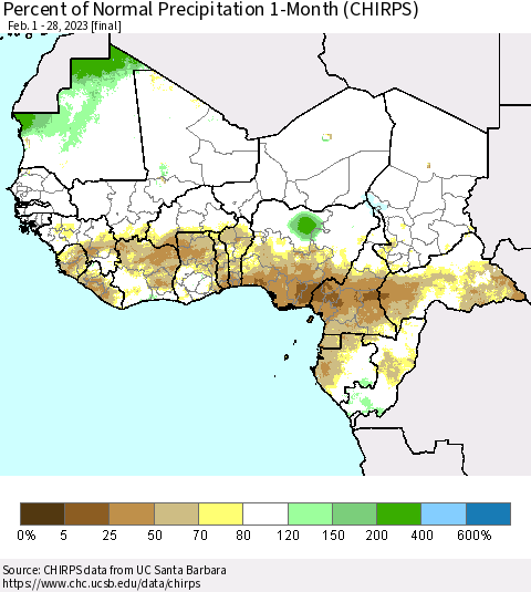 Western Africa Percent of Normal Precipitation 1-Month (CHIRPS) Thematic Map For 2/1/2023 - 2/28/2023