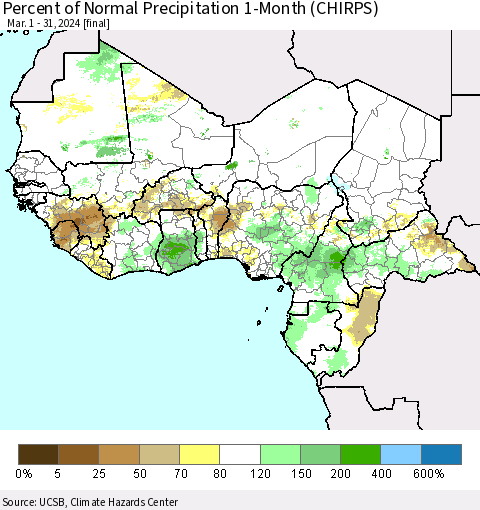 Western Africa Percent of Normal Precipitation 1-Month (CHIRPS) Thematic Map For 3/1/2024 - 3/31/2024