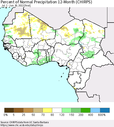 Western Africa Percent of Normal Precipitation 12-Month (CHIRPS) Thematic Map For 7/1/2021 - 6/30/2022