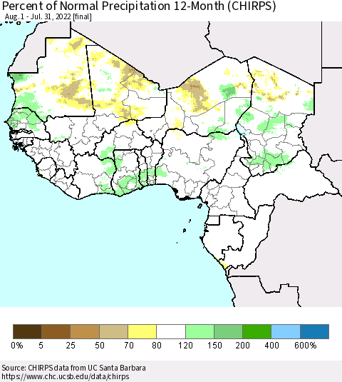 Western Africa Percent of Normal Precipitation 12-Month (CHIRPS) Thematic Map For 8/1/2021 - 7/31/2022