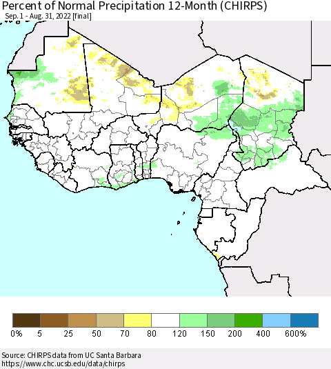 Western Africa Percent of Normal Precipitation 12-Month (CHIRPS) Thematic Map For 9/1/2021 - 8/31/2022