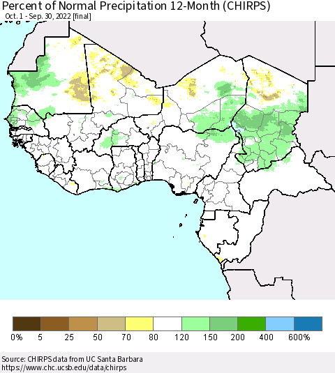 Western Africa Percent of Normal Precipitation 12-Month (CHIRPS) Thematic Map For 10/1/2021 - 9/30/2022
