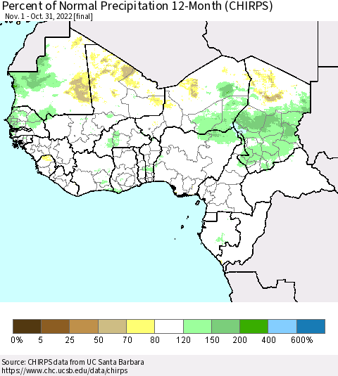Western Africa Percent of Normal Precipitation 12-Month (CHIRPS) Thematic Map For 11/1/2021 - 10/31/2022