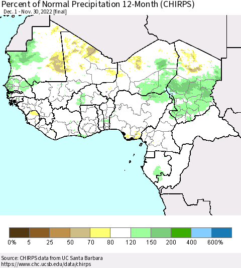 Western Africa Percent of Normal Precipitation 12-Month (CHIRPS) Thematic Map For 12/1/2021 - 11/30/2022
