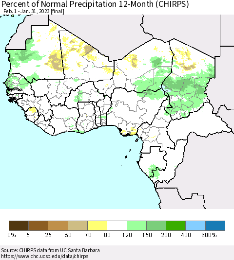 Western Africa Percent of Normal Precipitation 12-Month (CHIRPS) Thematic Map For 2/1/2022 - 1/31/2023