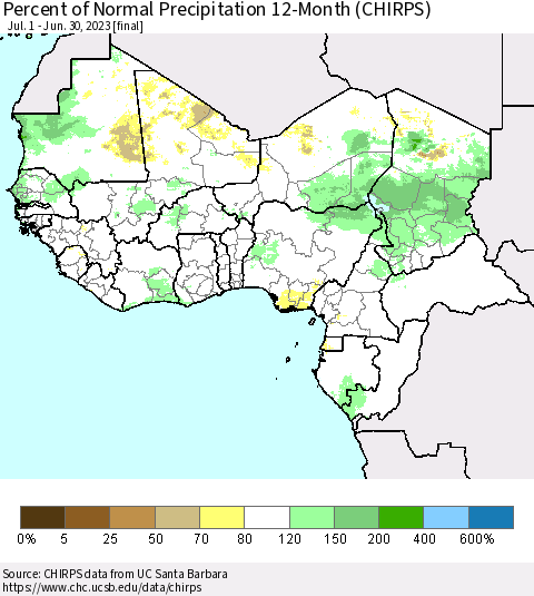 Western Africa Percent of Normal Precipitation 12-Month (CHIRPS) Thematic Map For 7/1/2022 - 6/30/2023