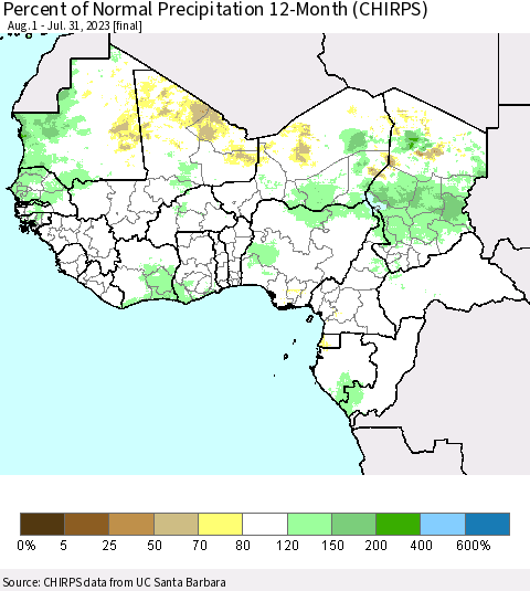 Western Africa Percent of Normal Precipitation 12-Month (CHIRPS) Thematic Map For 8/1/2022 - 7/31/2023