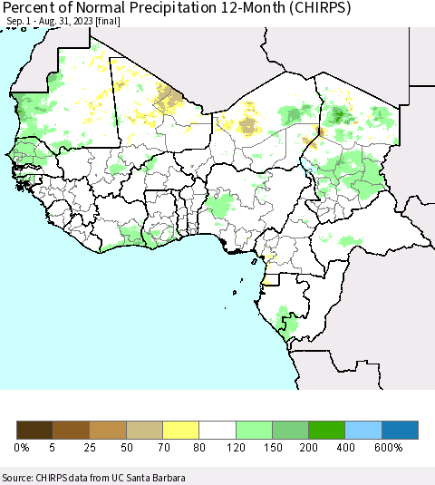 Western Africa Percent of Normal Precipitation 12-Month (CHIRPS) Thematic Map For 9/1/2022 - 8/31/2023