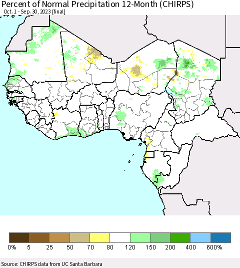 Western Africa Percent of Normal Precipitation 12-Month (CHIRPS) Thematic Map For 10/1/2022 - 9/30/2023