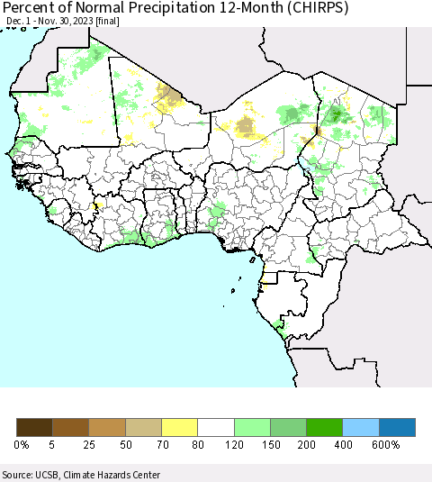 Western Africa Percent of Normal Precipitation 12-Month (CHIRPS) Thematic Map For 12/1/2022 - 11/30/2023