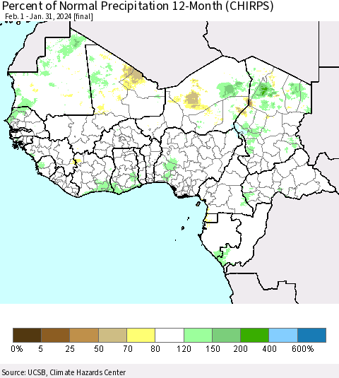 Western Africa Percent of Normal Precipitation 12-Month (CHIRPS) Thematic Map For 2/1/2023 - 1/31/2024