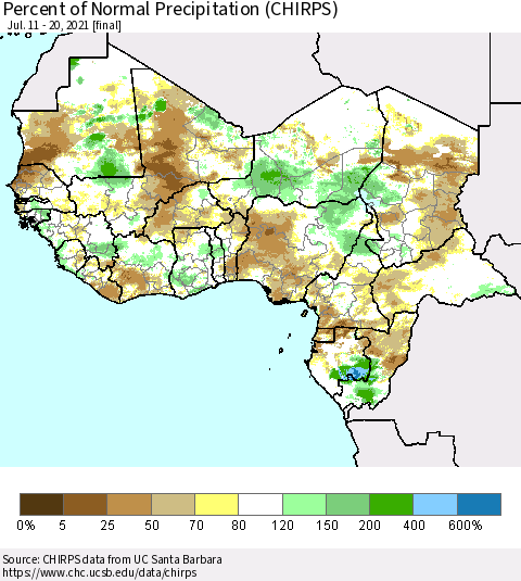 Western Africa Percent of Normal Precipitation (CHIRPS) Thematic Map For 7/11/2021 - 7/20/2021