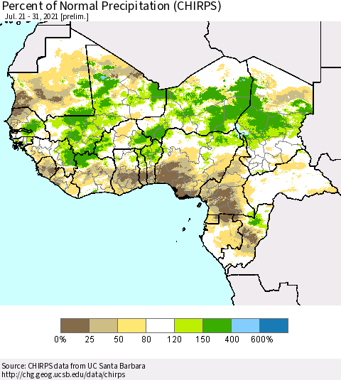 Western Africa Percent of Normal Precipitation (CHIRPS) Thematic Map For 7/21/2021 - 7/31/2021