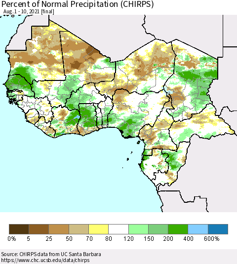 Western Africa Percent of Normal Precipitation (CHIRPS) Thematic Map For 8/1/2021 - 8/10/2021