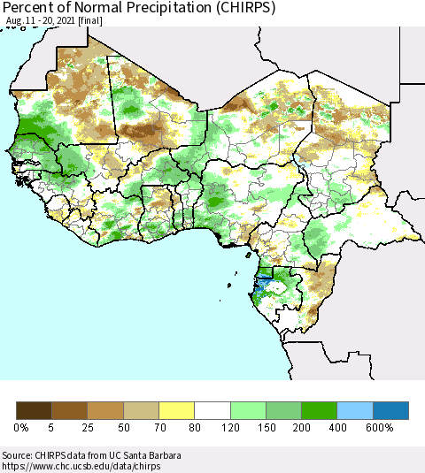 Western Africa Percent of Normal Precipitation (CHIRPS) Thematic Map For 8/11/2021 - 8/20/2021