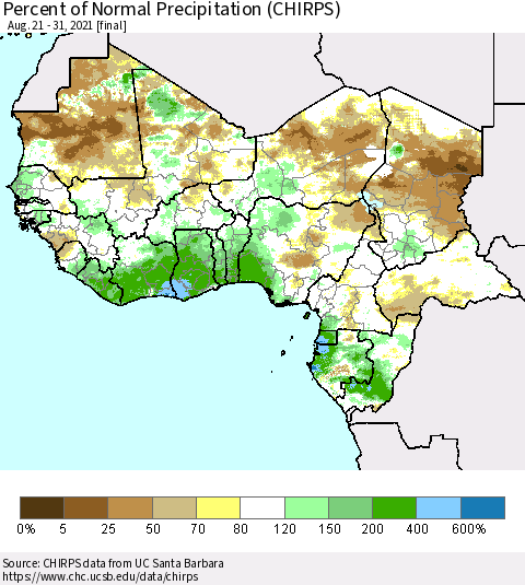 Western Africa Percent of Normal Precipitation (CHIRPS) Thematic Map For 8/21/2021 - 8/31/2021