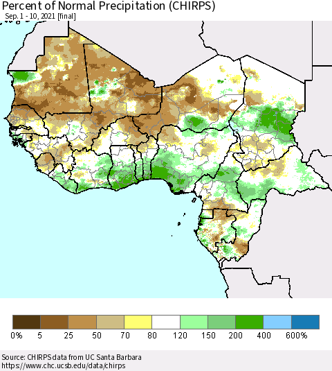 Western Africa Percent of Normal Precipitation (CHIRPS) Thematic Map For 9/1/2021 - 9/10/2021