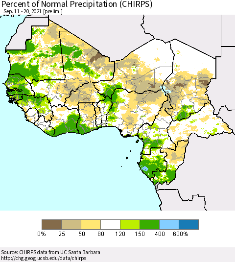 Western Africa Percent of Normal Precipitation (CHIRPS) Thematic Map For 9/11/2021 - 9/20/2021