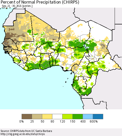 Western Africa Percent of Normal Precipitation (CHIRPS) Thematic Map For 9/21/2021 - 9/30/2021