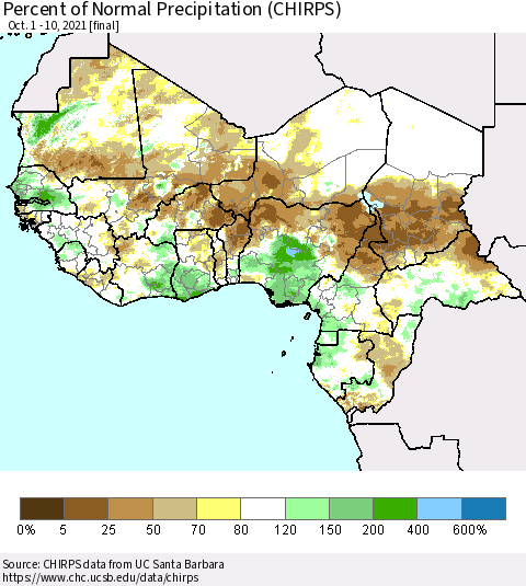 Western Africa Percent of Normal Precipitation (CHIRPS) Thematic Map For 10/1/2021 - 10/10/2021
