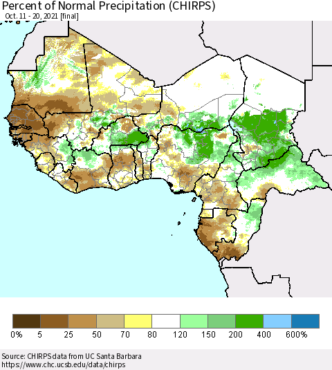Western Africa Percent of Normal Precipitation (CHIRPS) Thematic Map For 10/11/2021 - 10/20/2021