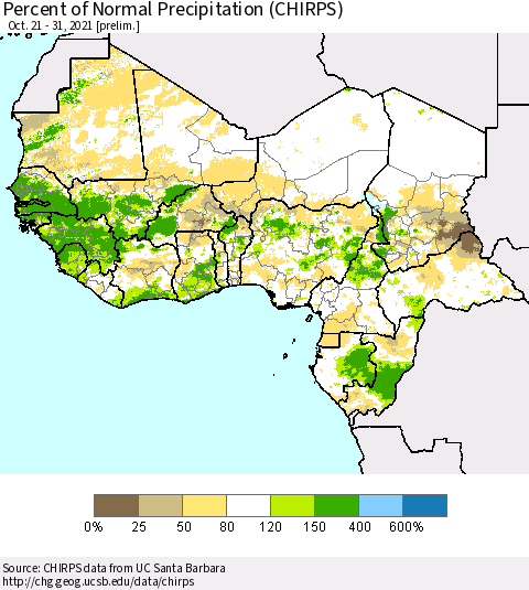 Western Africa Percent of Normal Precipitation (CHIRPS) Thematic Map For 10/21/2021 - 10/31/2021