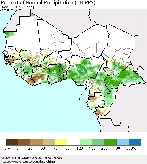 Western Africa Percent of Normal Precipitation (CHIRPS) Thematic Map For 11/1/2021 - 11/10/2021