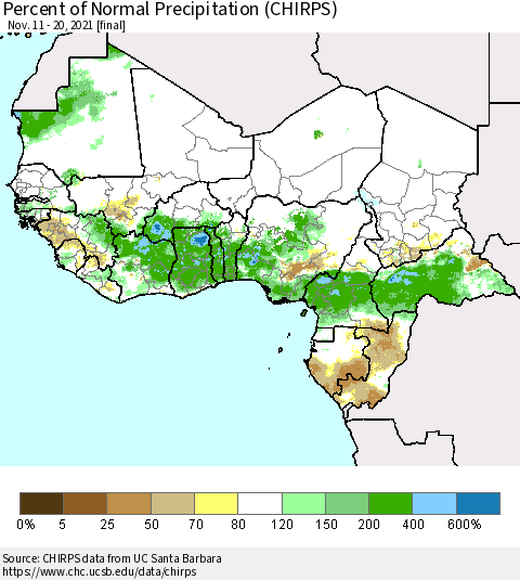 Western Africa Percent of Normal Precipitation (CHIRPS) Thematic Map For 11/11/2021 - 11/20/2021