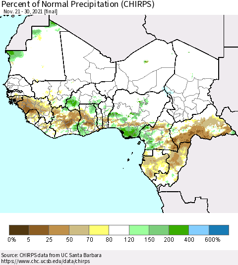 Western Africa Percent of Normal Precipitation (CHIRPS) Thematic Map For 11/21/2021 - 11/30/2021
