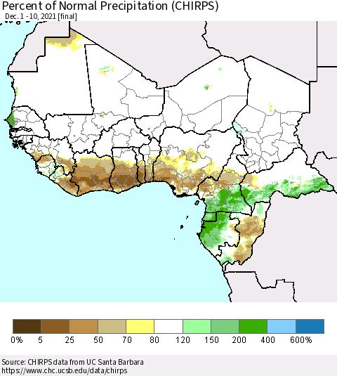 Western Africa Percent of Normal Precipitation (CHIRPS) Thematic Map For 12/1/2021 - 12/10/2021
