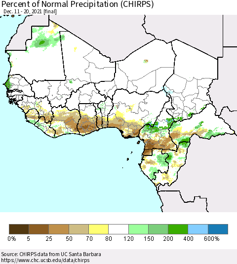 Western Africa Percent of Normal Precipitation (CHIRPS) Thematic Map For 12/11/2021 - 12/20/2021