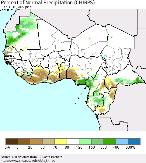 Western Africa Percent of Normal Precipitation (CHIRPS) Thematic Map For 1/1/2022 - 1/10/2022