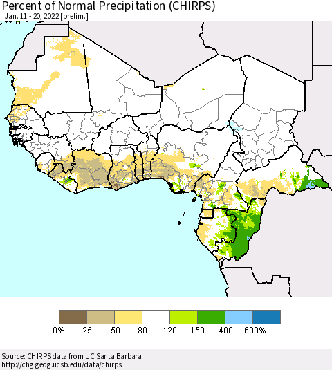 Western Africa Percent of Normal Precipitation (CHIRPS) Thematic Map For 1/11/2022 - 1/20/2022