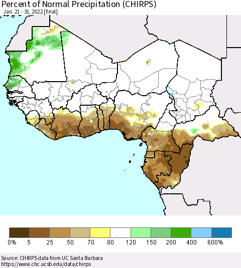 Western Africa Percent of Normal Precipitation (CHIRPS) Thematic Map For 1/21/2022 - 1/31/2022