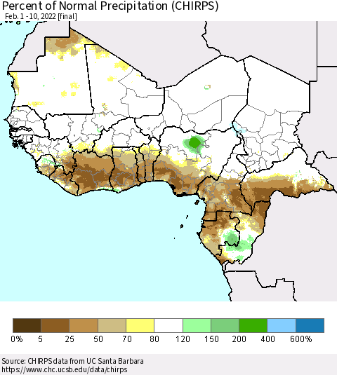 Western Africa Percent of Normal Precipitation (CHIRPS) Thematic Map For 2/1/2022 - 2/10/2022