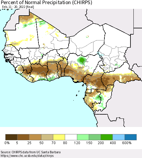 Western Africa Percent of Normal Precipitation (CHIRPS) Thematic Map For 2/11/2022 - 2/20/2022