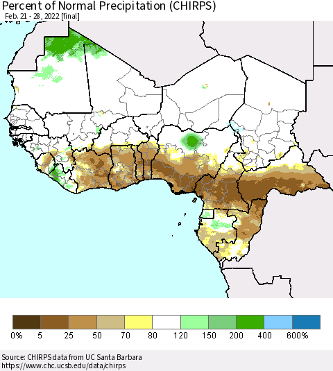 Western Africa Percent of Normal Precipitation (CHIRPS) Thematic Map For 2/21/2022 - 2/28/2022