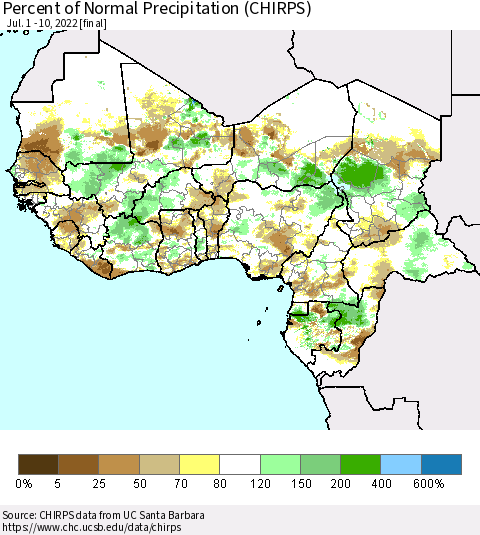 Western Africa Percent of Normal Precipitation (CHIRPS) Thematic Map For 7/1/2022 - 7/10/2022